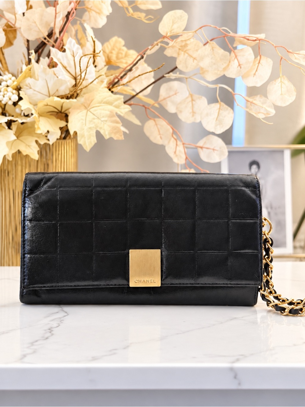 CHANEL Choco Bar Black Leather Wallet / Wristlet Clutch